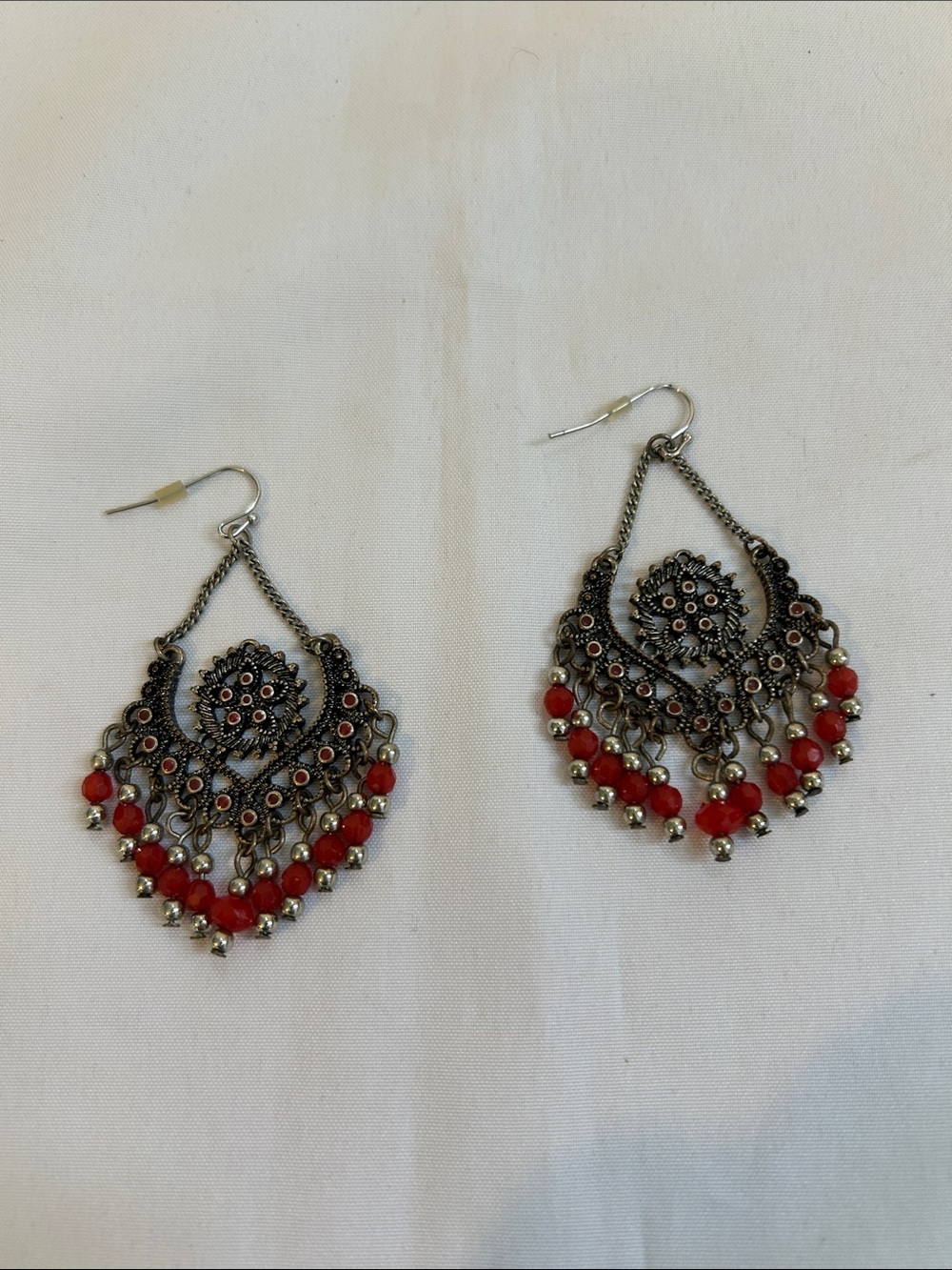 Boho Filigree Dangle Earrings with Red Beads